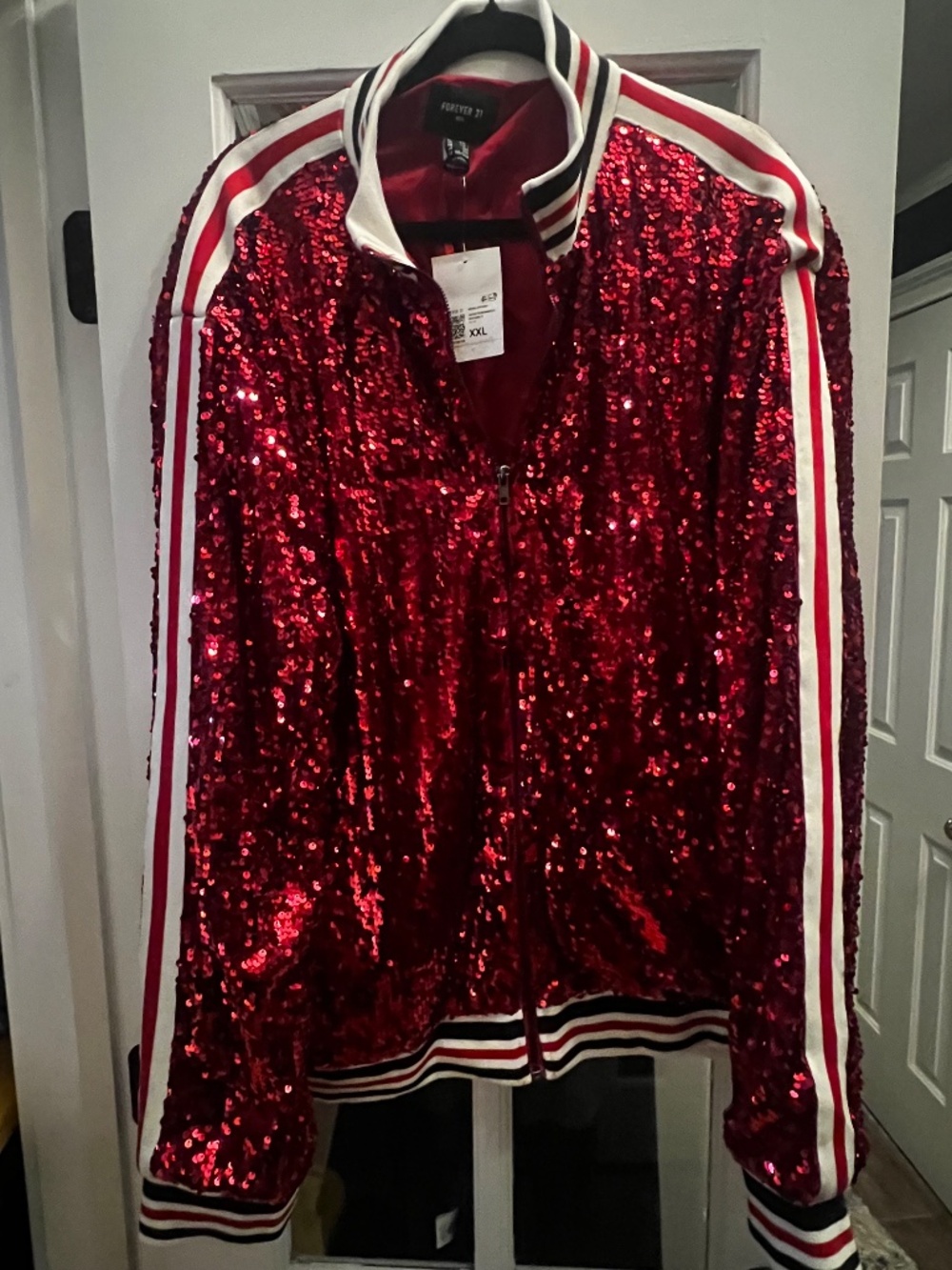 Forever 21 Men XXL Red Sequin Bomber Jacket NWT Striped Party Holiday